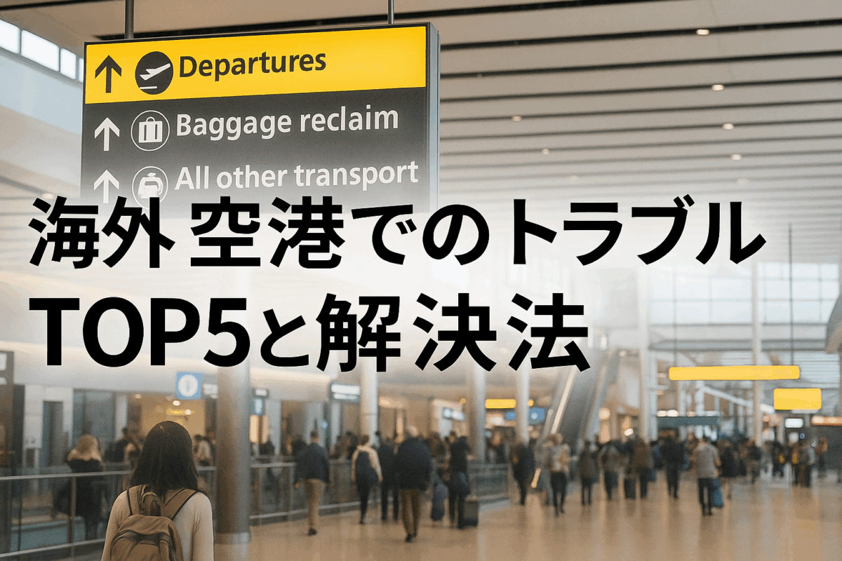 海外空港でのトラブルTOP5とその解決方法を紹介するNaviMeのブログ用アイキャッチ画像
