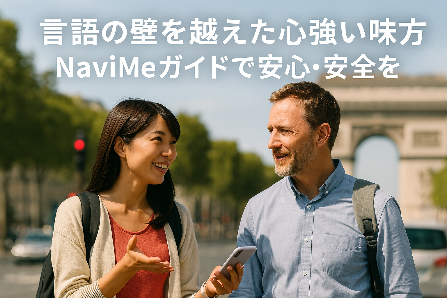 空港で日本語ガイドと旅行者が会話している様子