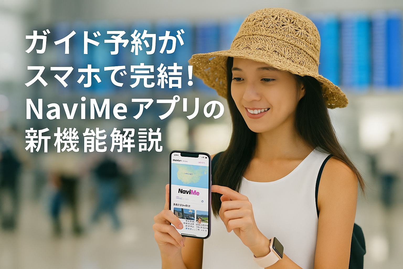 スマートフォンでNaviMeアプリを操作する女性の写真と白文字キャッチコピー「ガイド予約がスマホで完結！NaviMeアプリの新機能解説」